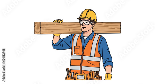 A professional construction worker illustration showing a builder in a hard hat and safety gear carrying a wooden plank