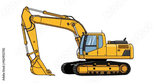 Detailed side view of a yellow crawler excavator, a powerful earthmoving construction vehicle.