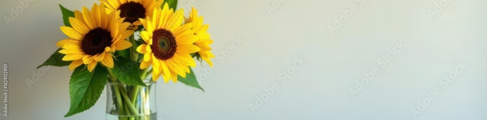 Naklejka premium Tall sunflowers, lush green leaves in elegant glass vase , details, leaves