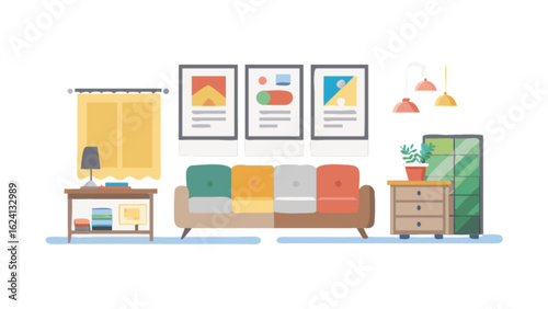Colorful living room interior design ideas with sofa artwork and furniture vector illustration