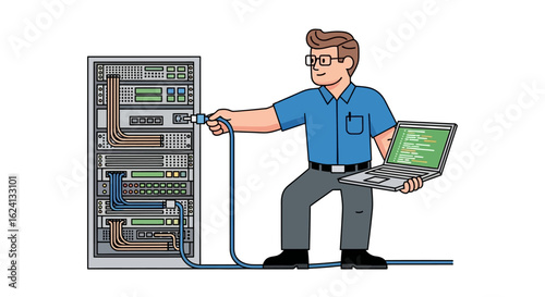 IT support specialist connecting a network cable to a server rack. System administrator maintaining data center hardware with a laptop.