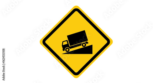 Yellow diamond warning road sign for steep hill or grade ahead. Black silhouette of a truck on an incline, traffic safety vector illustration.