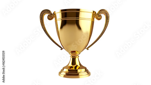 A golden trophy cup sitting alone on a white background. It's an award for a sports tournament, representing victory and success. This is a 3D rendering illustration.