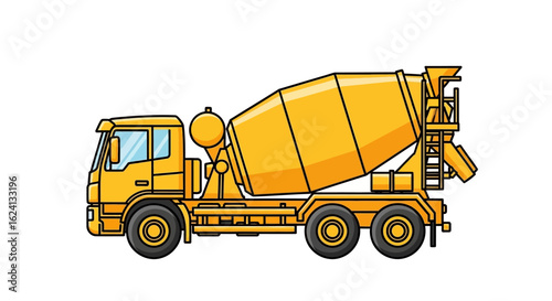 Bright yellow concrete mixer truck illustration. Heavy duty construction vehicle graphic isolated on a white background.