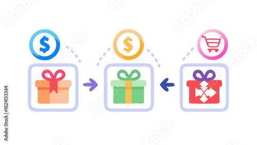 Online shopping gift buying process with money and cart showing purchase and delivery of presents online