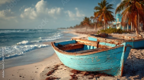 Weathered blue boat on a tropical beach at sunset (1)