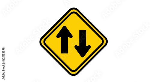 Two-way traffic ahead road sign with opposing arrows on a yellow diamond warning symbol. Vector illustration isolated on white background.