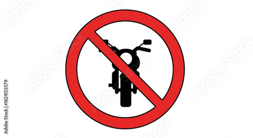 No motorcycles traffic prohibition sign. A red circle with a black motorbike silhouette, a symbol for forbidden entry.