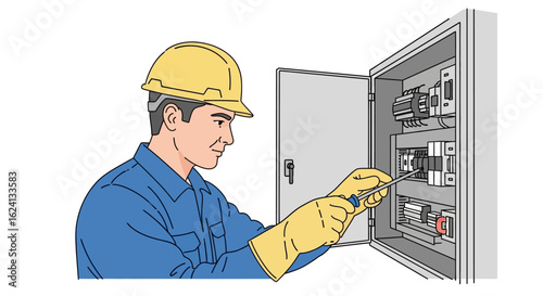 Illustration of a skilled electrician performing maintenance on an industrial electrical control panel for safety.