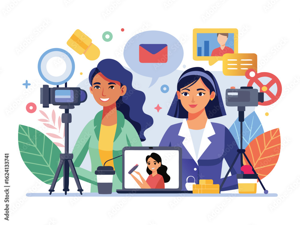 Obraz premium Two women creating online content with cameras and laptop isolated on white background 