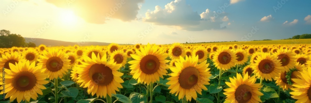 Obraz premium Vast sunflower field, golden blooms under sunny sky, flora, sunny