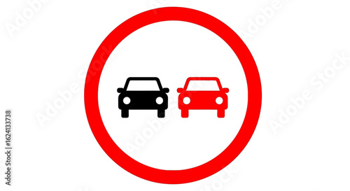 A clear depiction of a 'No Overtaking' traffic sign. This regulatory symbol features two cars, one black and one red, within a red circle, signifying a driving prohibition.	