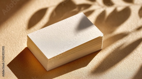 Stack of blank cards on a beige surface with leaf shadows