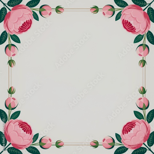 Floral frame with pink roses and green leaves design