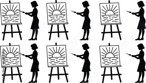 Silhouette female artist painting sunset, woman with brush at easel, sea landscape drawing, flat vector scene, creative artwork illustration