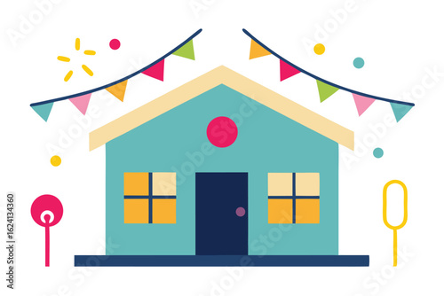 house with party lights and music icons for event .eps