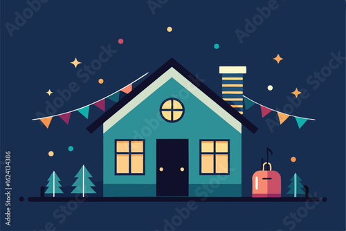house with party lights and music icons for event  (1).eps