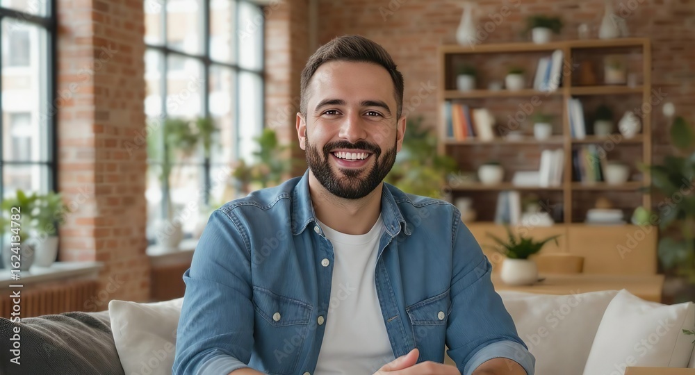 Obraz premium Smiling man in casual attire sitting on couch