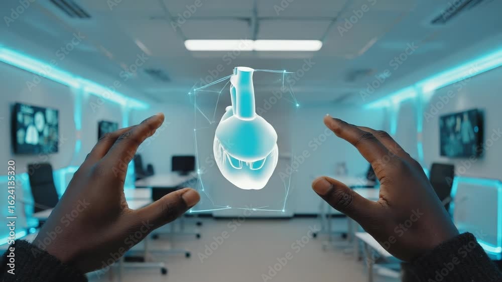 In a modern medical classroom, a student uses hand gestures to manipulate a floating anatomy model of the heart. The environment includes VR terminals and anatomical charts, enhancing learning