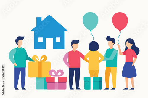 housewarming party vector with guests  balloons  a (1).eps