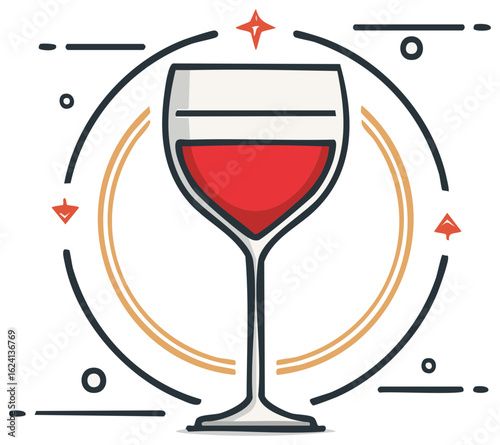Elegant Wine Glass Vector Illustration with Geometric Design Elements and Vibrant Red Liquid