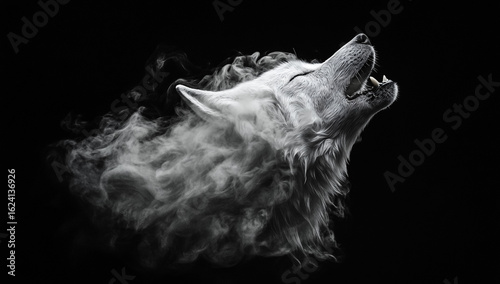 Majestic white wolf head emerging from wisps of smoke against a dark background