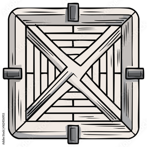 Top view of a wooden crate with reinforced corners and cross bracing