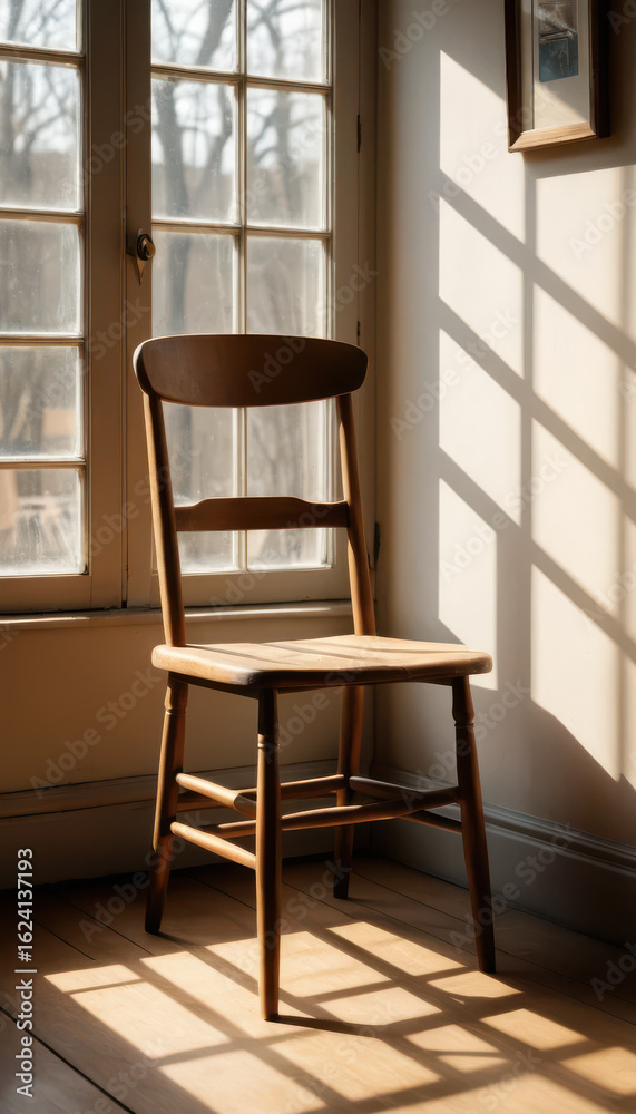 Fototapeta premium Cozy Corner: A vintage wooden chair sits bathed in sunlight, inviting contemplation in a serene interior scene.