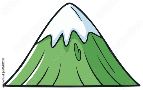 Cartoon illustration of a green mountain with a snowy peak