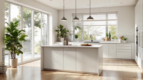 Modern minimalist white kitchen interior with island and large windows