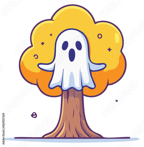 Funny Ghost Hanging From Fall Tree Cartoon Illustration Halloween Spooky Season