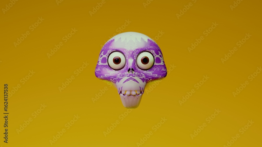 Fototapeta premium Purple ornamental skull figurine on orange background