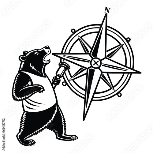 Black bear wearing shirt holding compass white north
