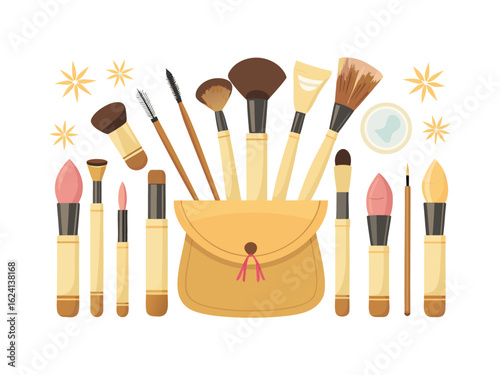 Collection of makeup brushes and tools arranged around a pouch isolated on white background
