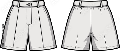 "Flat sketch of tailored women’s shorts, front and back view, vector fashion template, pleated design, technical clothing illustration"