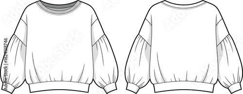  Fashion Oversized Balloon Sleeve Sweatshirt with Ribbed Hem and Cuffs, Casual and Comfortable Apparel Vector Illustration.
