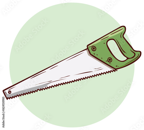 Vibrant cartoon illustration of a traditional hand saw tool for DIY, repair, and building projects