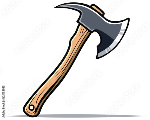 Detailed illustration of a firefighter axe with a wooden handle on a solid surface.