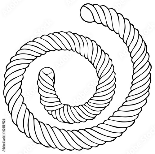 Twisted nautical rope coiled into a spiral shape, a black and white line art drawing.