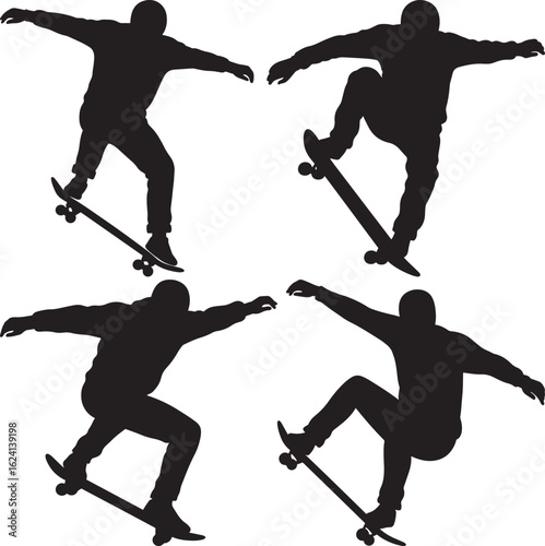 Four skateboarders performing tricks silhouette