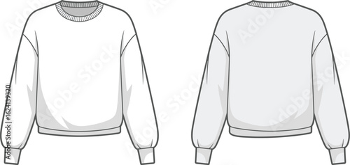 Relaxed fit crewneck sweatshirt with dropped shoulders and voluminous sleeves, a technical fashion flat sketch vector for garment design and technical packs.