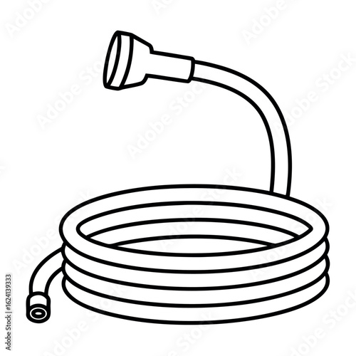 Coiled flexible garden hose with a spray nozzle perfect for watering plants and cleaning outdoor spaces