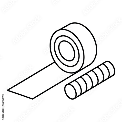 Illustration of pipe thread seal tape roll and threaded pipe fitting for plumbing and construction