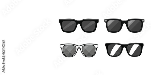 Four pairs of stylish sunglasses with black frames isolated on white background
