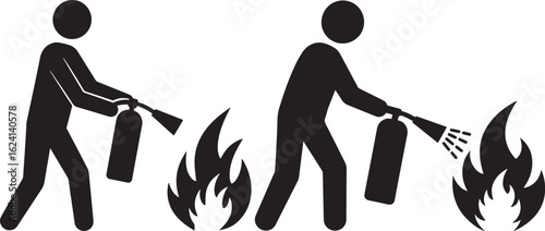 Two figures using fire extinguishers silhouette