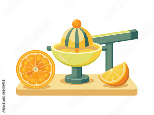 Manual citrus juicer with orange slices and half fruit isolated on white background
