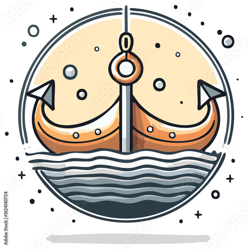 Stylized Norse Viking longship sailing on the sea. Cartoon drakkar boat illustration in a circle.