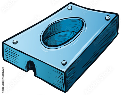 Blue Metal Die with Oval Hole and Mounting Bolts Illustration Hand Drawn Concept for Industrial Design or Art Projects