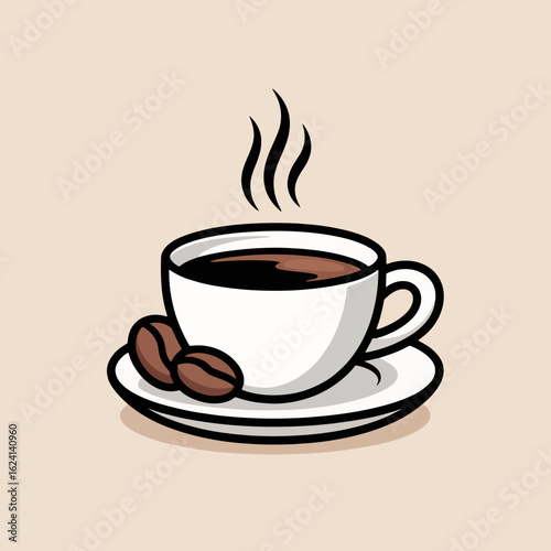 Illustration of a steaming cup of coffee with two coffee beans on a saucer, perfect for a morning pickmeup or a relaxing break at a cafe, showcasing the rich aroma and flavor of freshly