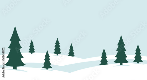 Minimalist Winter Landscape with Evergreen Trees and Snow Covered Hills